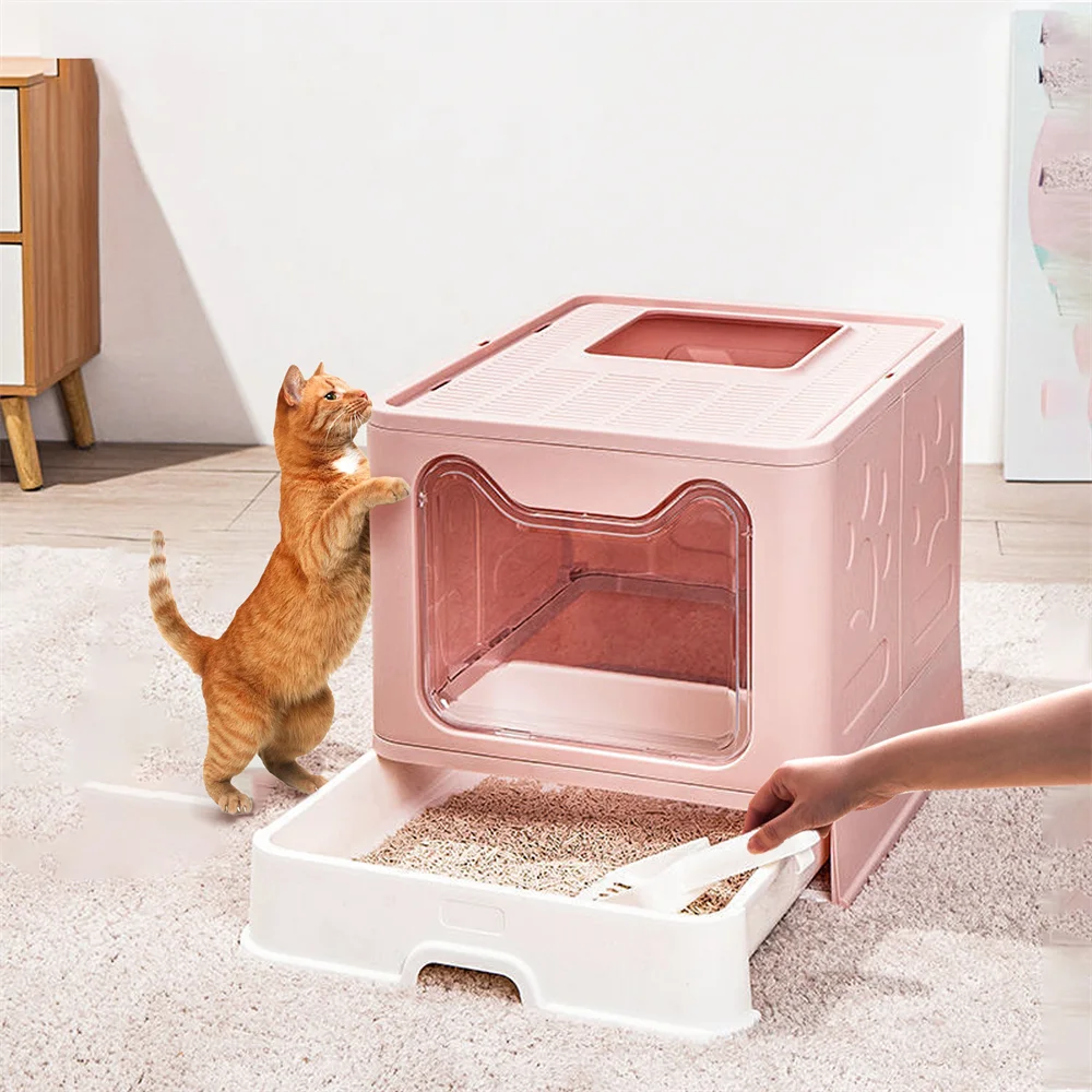 Large Pink Cat Litter Box Tray Top Entry Cat Toilet with Lid Hooded Kitten Litter Drawer Tray with Scoop No Smell Easy Cleaning - Image 3