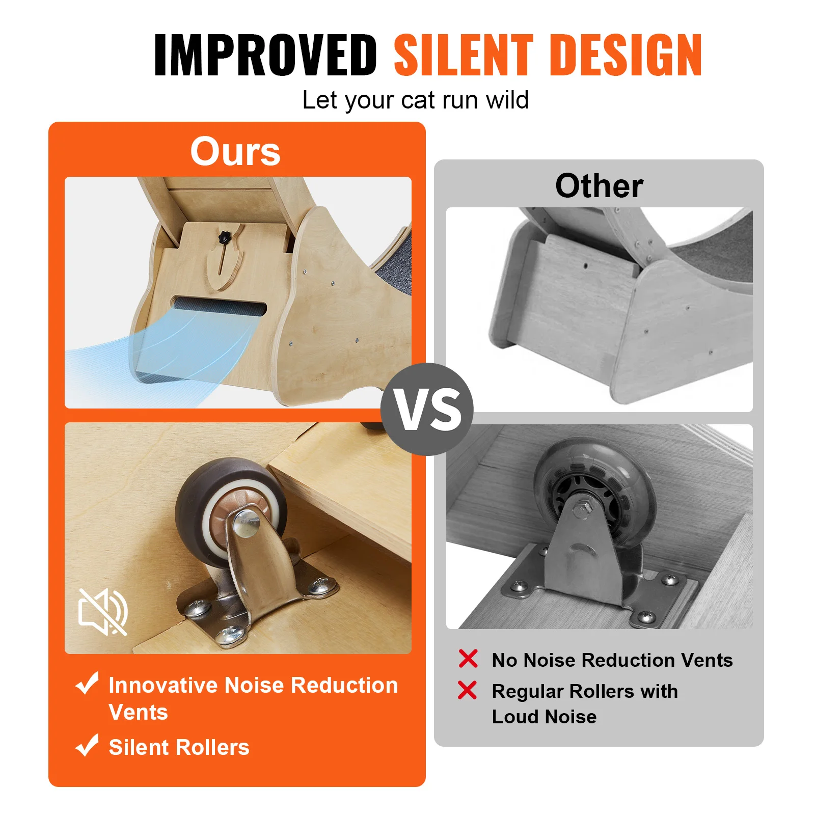 VEVOR Cat Exercise Wheel Natural Wood Silent Running Toy Treadmill Roller Wheel with Detachable Carpet for Most Cats Pet Fitness - Image 7