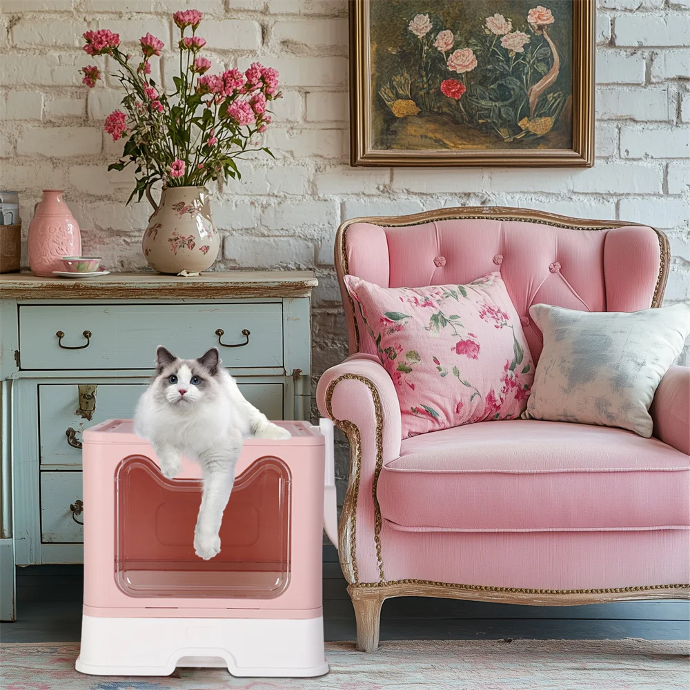 Large Pink Cat Litter Box Tray Top Entry Cat Toilet with Lid Hooded Kitten Litter Drawer Tray with Scoop No Smell Easy Cleaning - Image 4