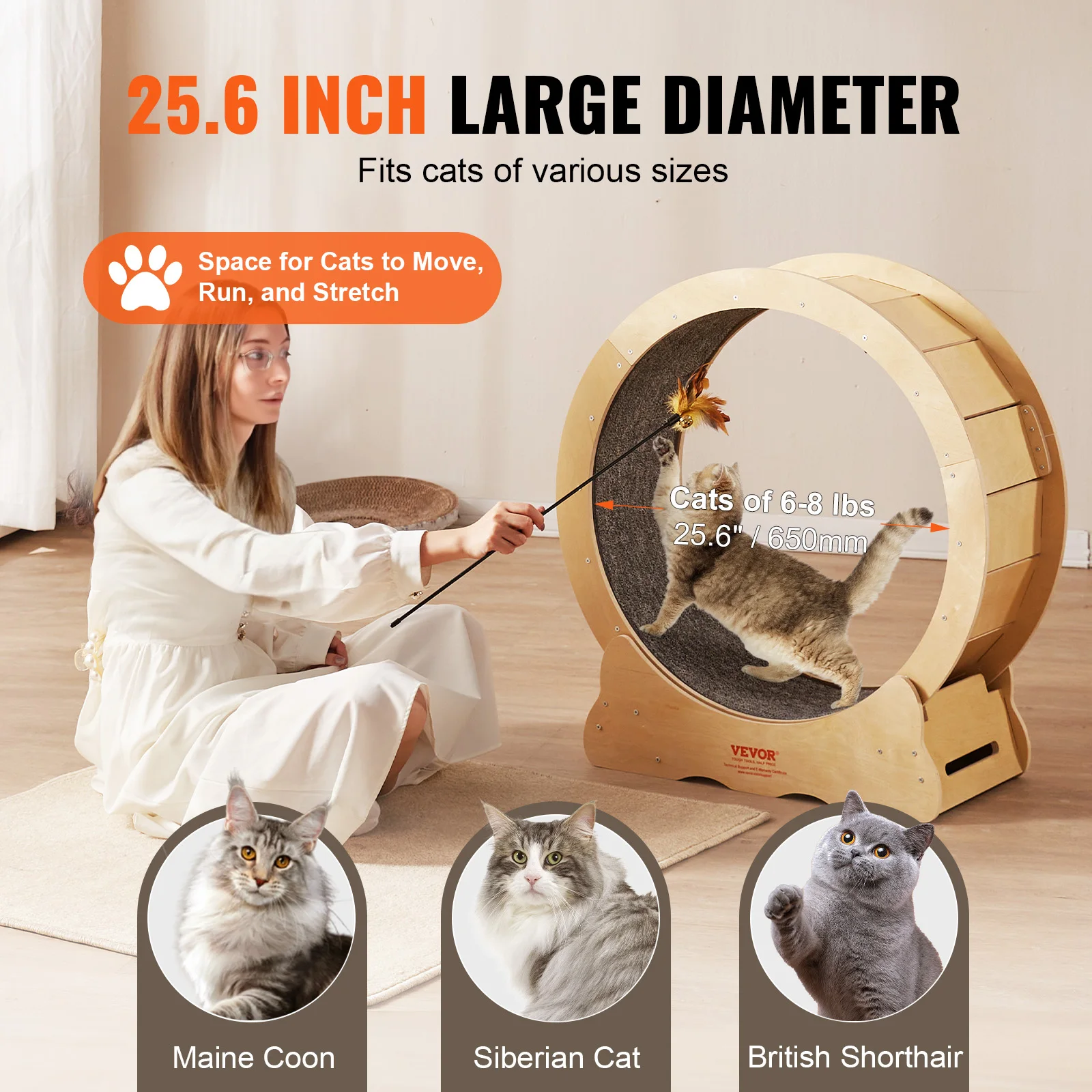 VEVOR Cat Exercise Wheel Natural Wood Silent Running Toy Treadmill Roller Wheel with Detachable Carpet for Most Cats Pet Fitness - Image 8